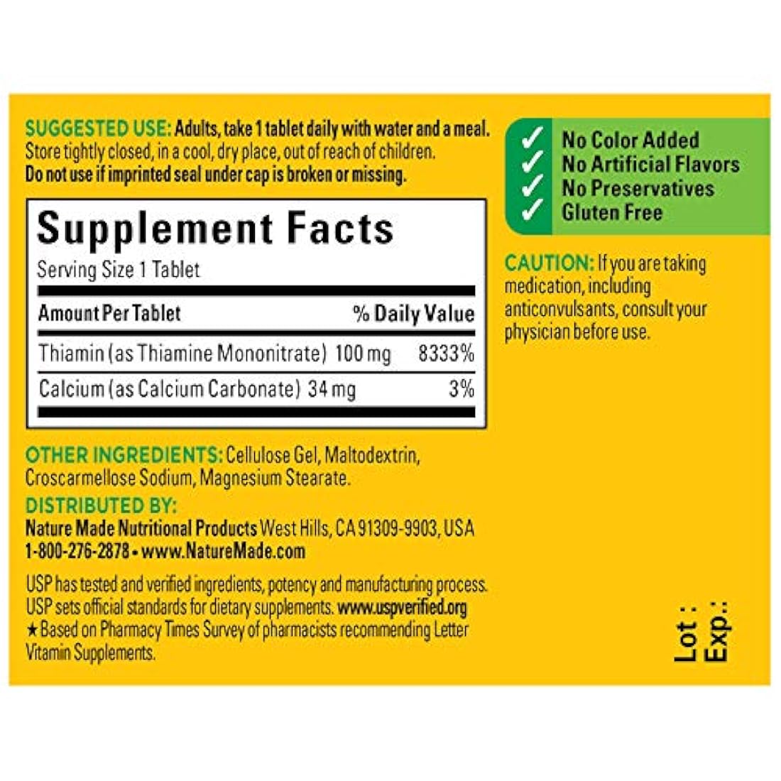 Vitamina B1 Nature Made de 0.0035 oz, 100 comprimidos, PHARMAVITE647545, 100, 1, 1