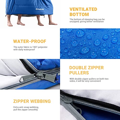 KingCamp Saco de dormir doble de 20 grados, saco de dormir para 2 personas, para adultos, pareja, familia, con almohadas, ligero, para acampar, senderismo, mochileros, exteriores, impermeable, 87 x 59 pulgadas