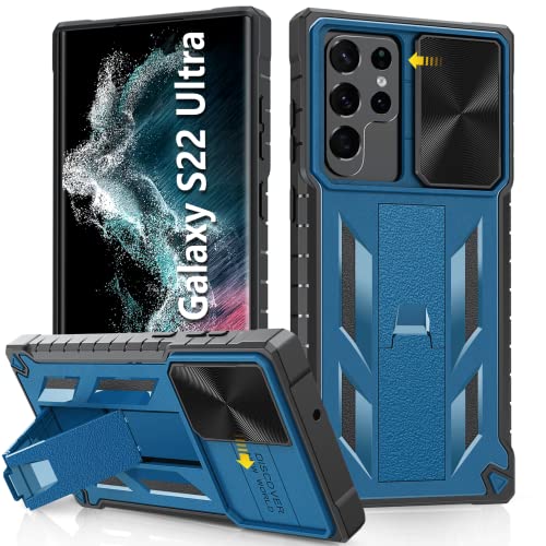 Funda para Samsung Galaxy S22 Ultra: resistente funda protectora S22 Ultra 5G con soporte y deslizamiento integrados, TPU a prueba de golpes, diseño mate texturizado de grado militar, protección contra caídas - Azul