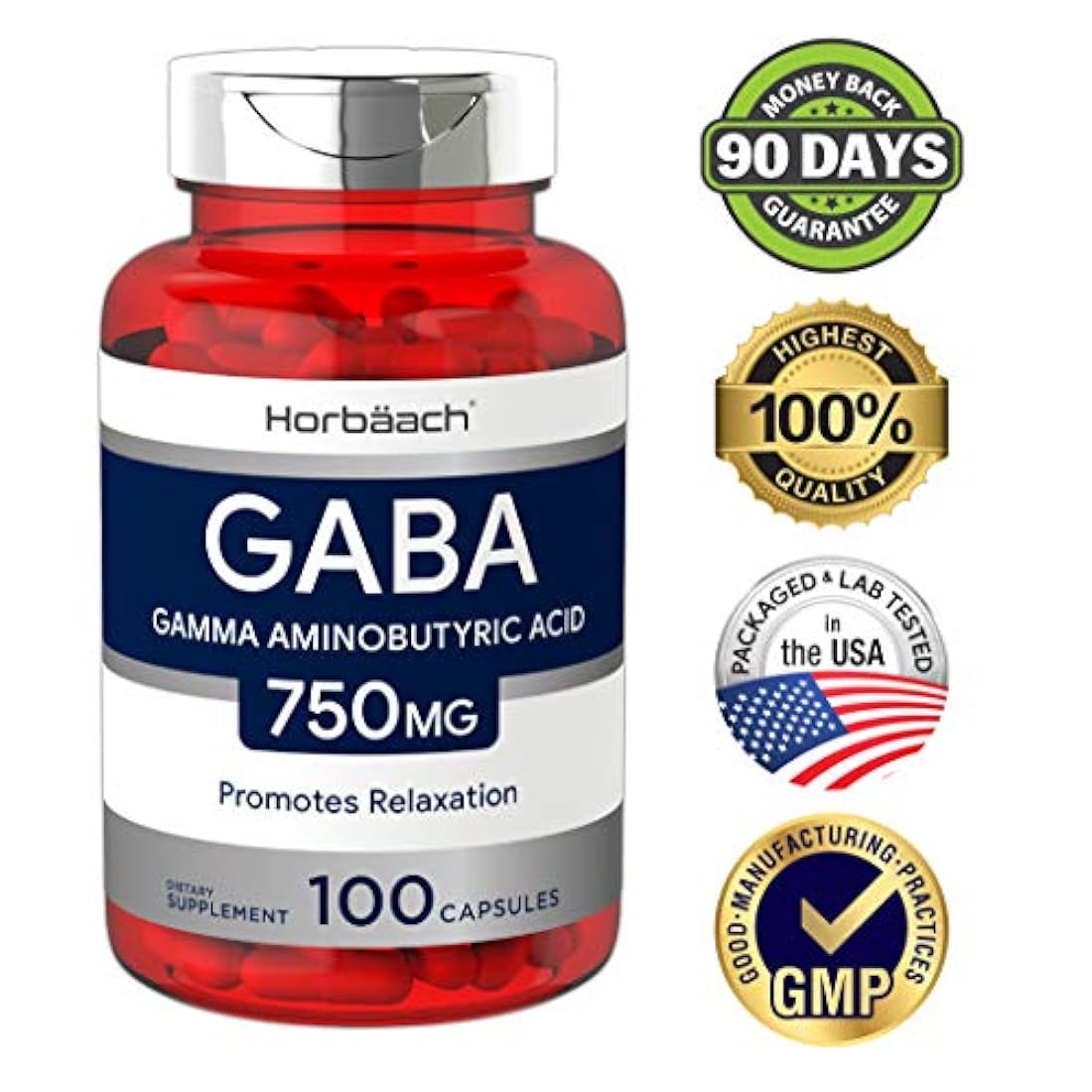 Horbaach GABA 750mg 100 Cápsulas Sin OGM, Sin Gluten