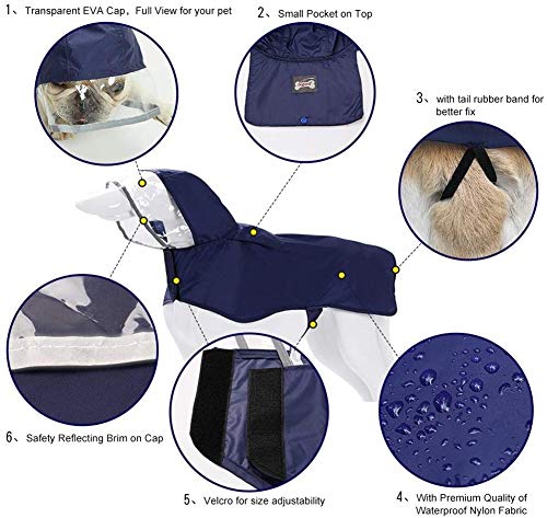 Chubasquero plegable con capucha para perros, tiras reflectantes, poncho ligero ajustable para perros pequeños, medianos y grandes, azul, XS