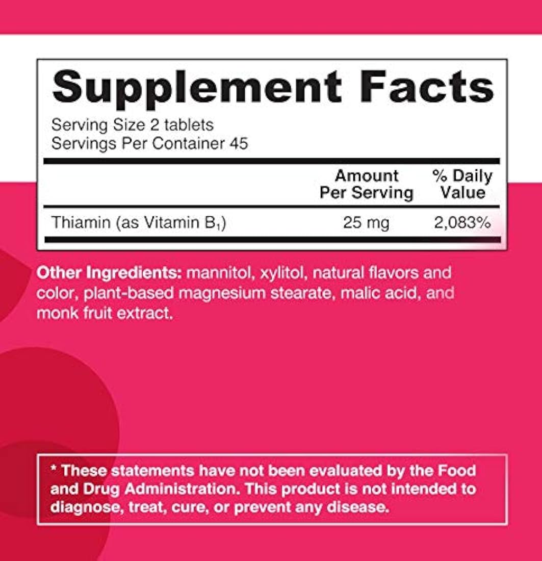 EZ derrite B1 como tiamina, 25 mg, soporte inmunológico, vitaminas sublinguales, vegano, cero azúcar, sabor a cero, 90 tabletas de disolución rápida