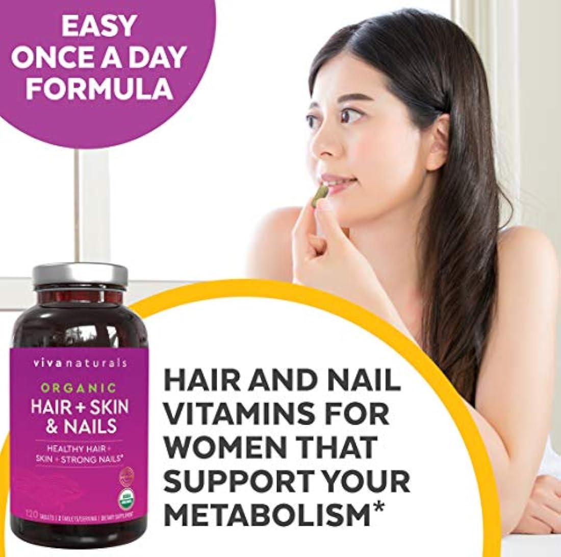 Vitaminas orgánicas para la piel y las uñas para las mujeres con biotina, vitaminas para el cabello y vitaminas para la piel que promueve el crecimiento saludable del cabello y las uñas, 120 tabletas