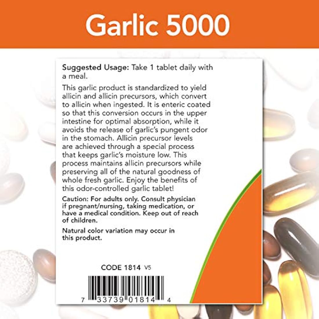 AHORA suplementos, ajo 5.000 (Allium sativum), revestimiento