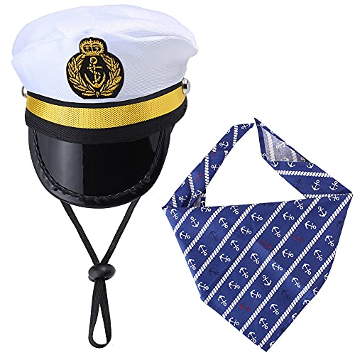 Yewong Conjunto de disfraz de capitán de marineros para perro, gato, capitán de mar, sombrero con ancla de mascota, baberos triangulares, bufanda para gato, cachorro, azul marino, Halloween, accesorios de disfraces, accesorios para fotos (blanco-B)