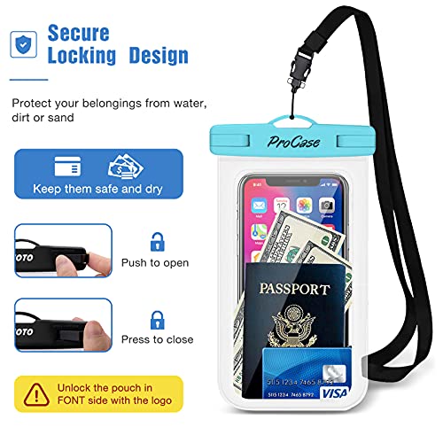 ProCase - Funda impermeable universal para iPhone 12 Pro Max 11 Pro Max Xs Max XR X 8 7 6S, Galaxy S20 Ultra S10 S9 S8/Note10, de 9 hasta 7 pulgadas (4 unidades, azul, verde, rosado, amarillo)