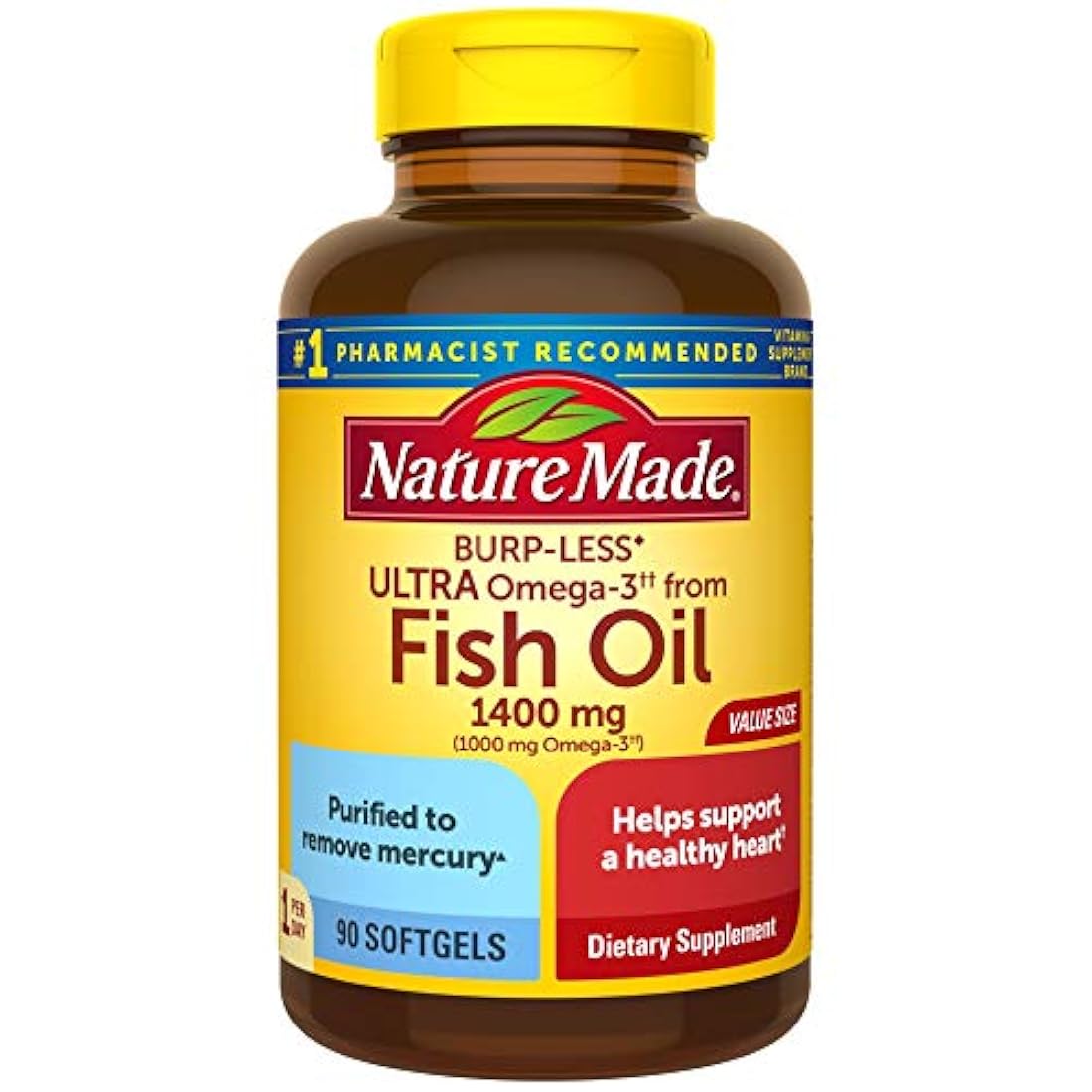 Nature Made Burp-Less Ultra Omega-3†† de aceite de pescado 1400 mg cápsulas blandas, 90 unidades (el embalaje puede variar)