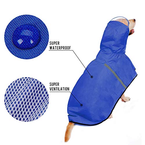 Chubasquero para perros con correa ajustable para el vientre y agujero para correa, sudadera con capucha con tira reflectante, impermeable, ligera, transpirable, poncho de lluvia para perros medianos y grandes, fácil de llevar