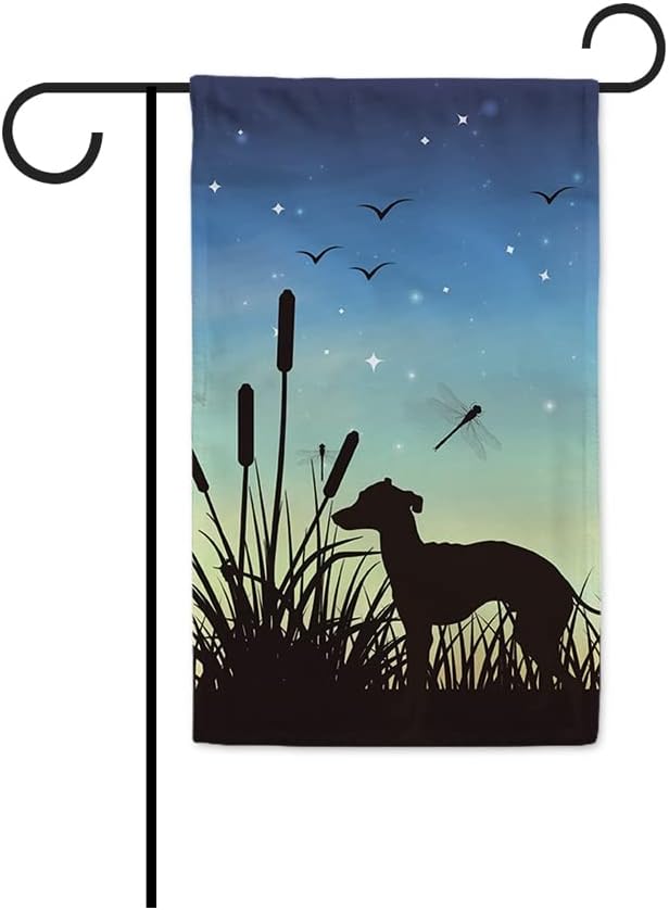 Bandera de Jardín con Silueta de Galgo y Libélula, Doble Cara