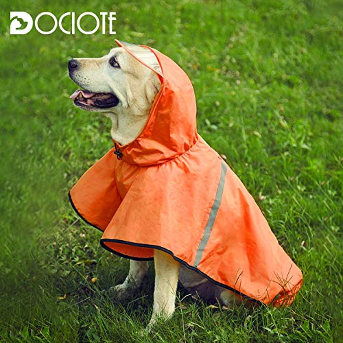 Impermeable para perros con correa ajustable para el vientre y agujero para correa, sudadera con capucha con tira reflectante, impermeable, ligero, transpirable, poncho de lluvia para perros medianos y grandes, fácil de usar, naranja, 3XL