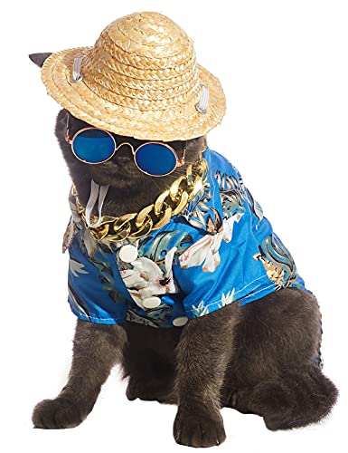 Impoosy 4 piezas de disfraz de perro para mascotas, camisa hawaiana de verano, gafas de sol y sombrero de paja divertido con collar de cadena dorada para perro pequeño