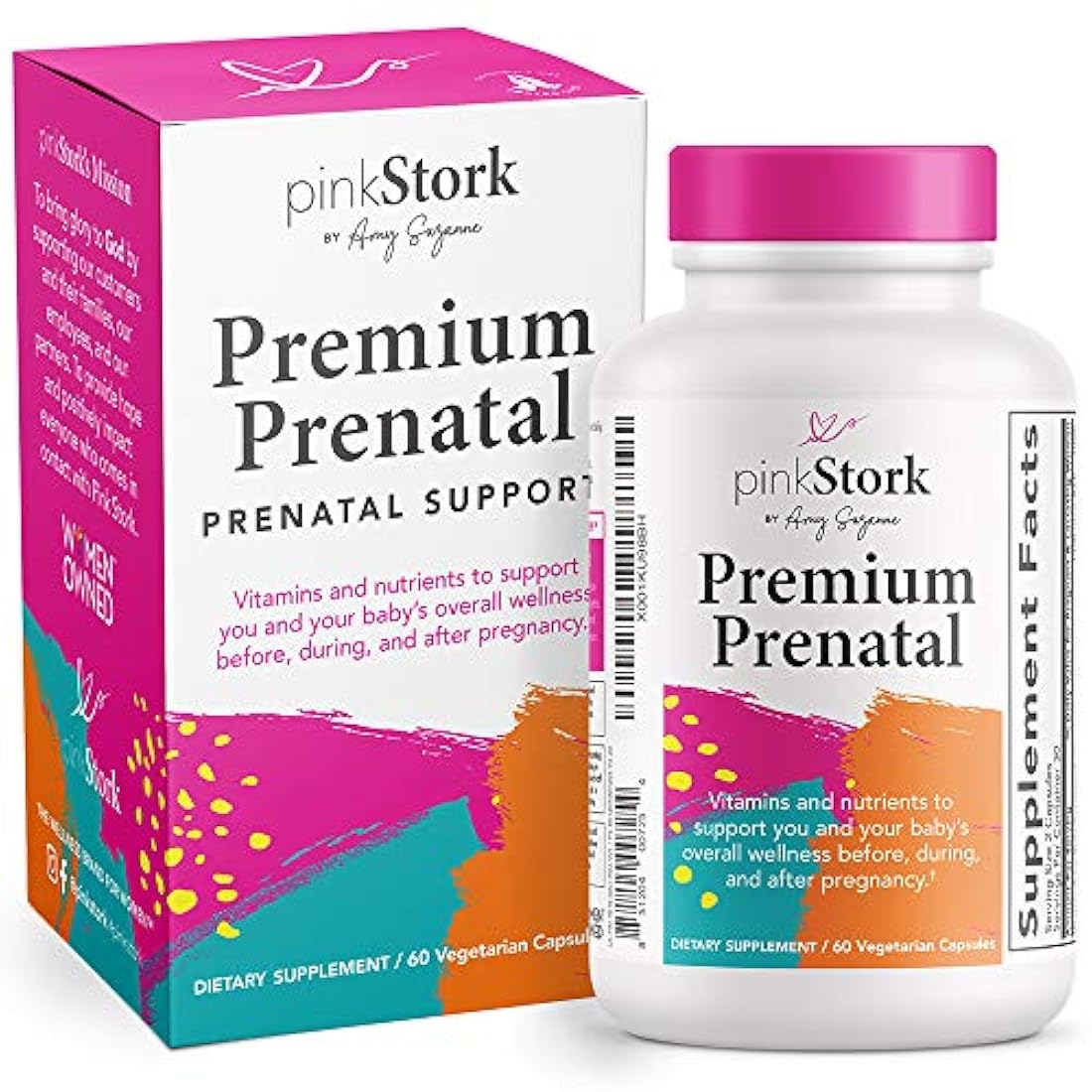 Pink Stork Premium Prenatal: vitaminas prenatales naturales + ingredientes orgánicos de alimentos enteros + folato + vitamina A + vitamina C + zinc + biotina, propiedad de las mujeres, 60 cápsulas