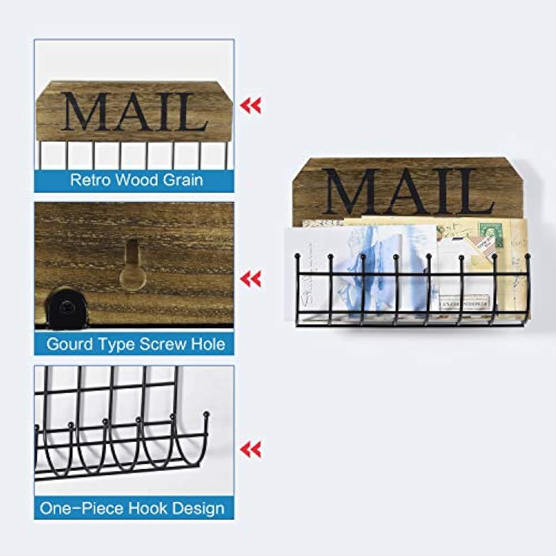 SRIWATANA - Soporte rústico para cartas de correo, organizador de correo, para pasillo y decoración del hogar, diseño de ganchos de hierro