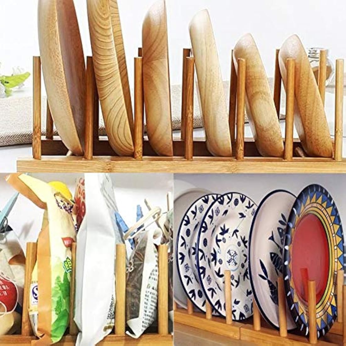 Soporte para platos de madera de bambú 8 ranuras