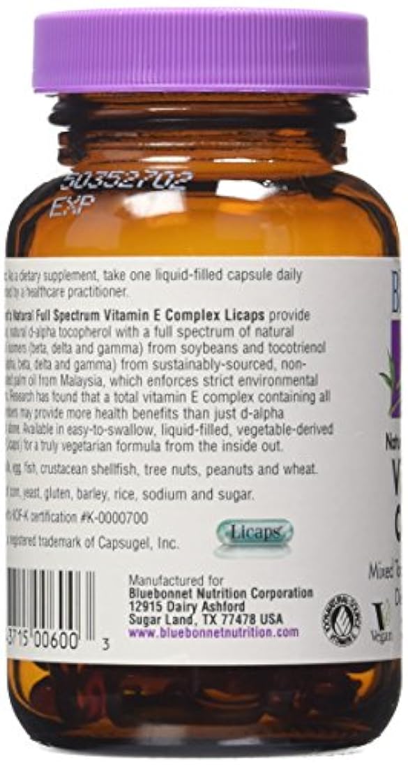 BlueBonnet Cápsulas líquidas complejas de vitamina E natural de espectro completo, 743715006003, 1