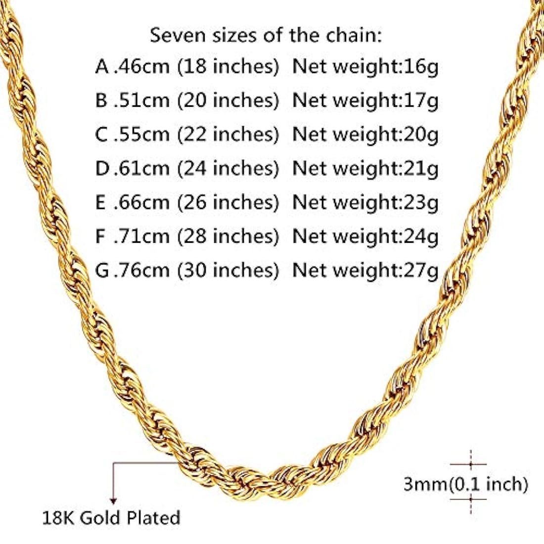 Cadena trenzada de acero inoxidable con bañado en oro 18 K