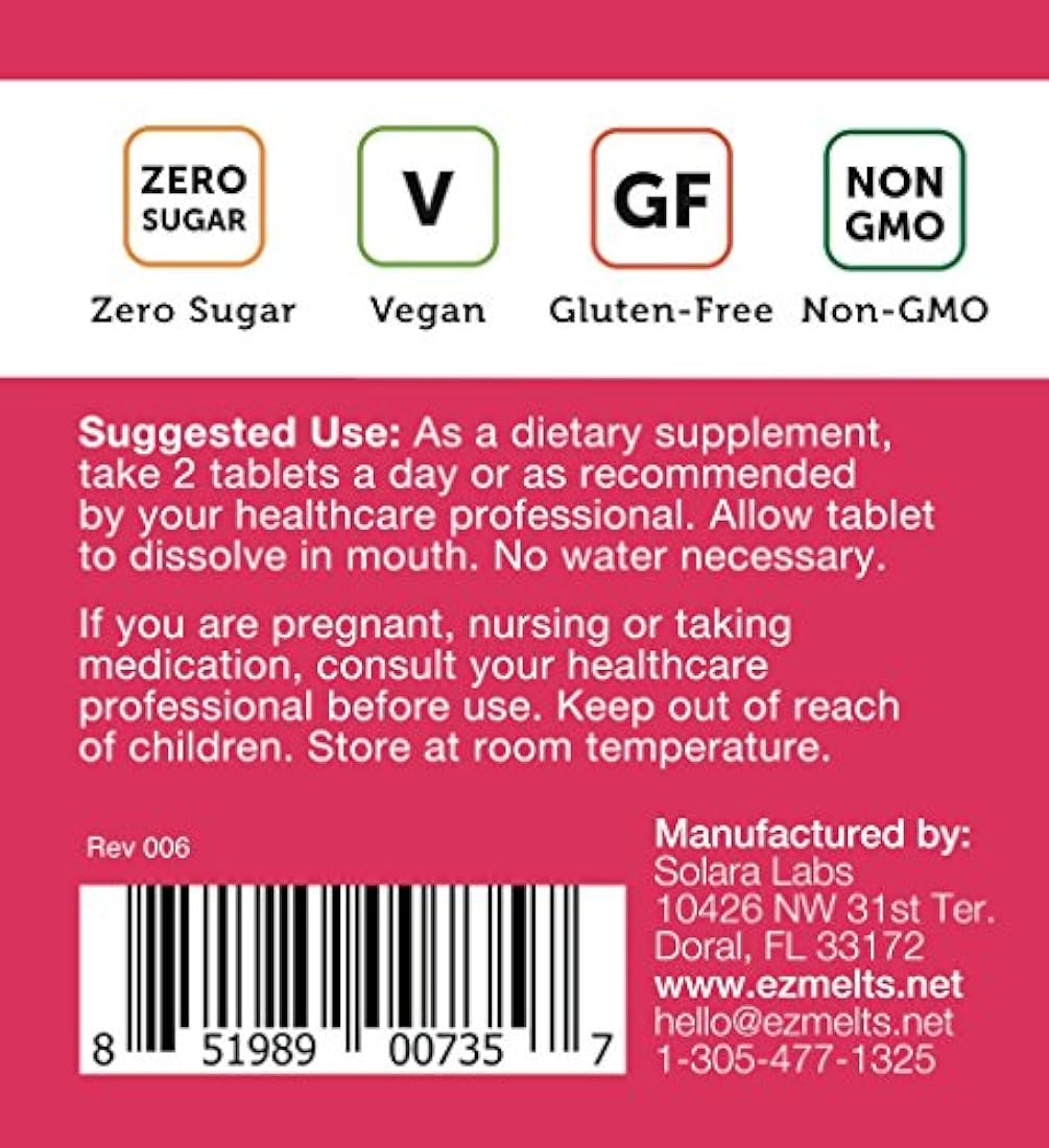 EZ derrite B1 como tiamina, 25 mg, soporte inmunológico, vitaminas sublinguales, vegano, cero azúcar, sabor a cero, 90 tabletas de disolución rápida