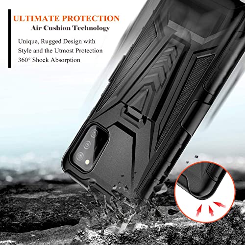 NZND Funda para Samsung Galaxy A03S con protector de pantalla de vidrio templado (máxima cobertura), funda de clip para cinturón con soporte integrado, resistente a los golpes, funda protectora protectora protectora a prueba de golpes (negro)