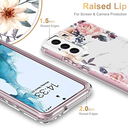 ESDOT Funda para Samsung Galaxy S22 Plus, grado militar, prueba de caída de 21 pies, resistente con diseños de moda para mujeres y niñas, funda protectora para Galaxy S22+ Plus 6.6 pulgadas, estampado con flores rosas y hojas