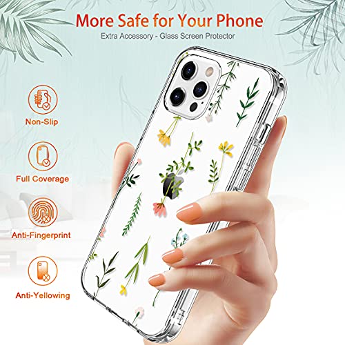 GiiKa Funda para iPhone 12 Pro Max con protector de pantalla, transparente cuerpo completo a prueba de golpes de protección floral niñas mujeres caso duro con TPU parachoques cubierta teléfono caso para iPhone 12 Pro Max, flores de hierba
