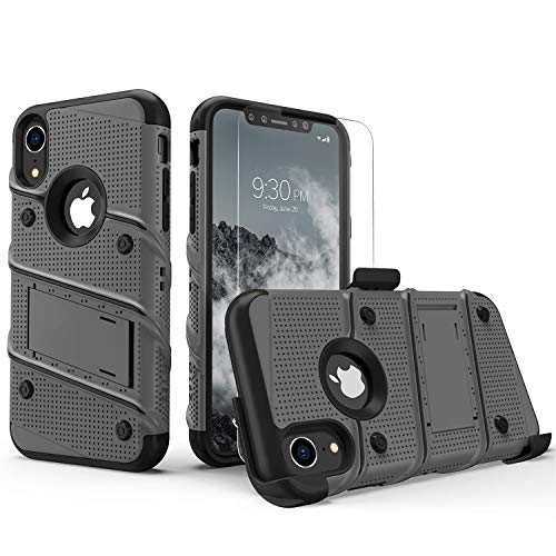 Serie Zizo Bolt funda para iPhone XR de grado militar con protector de pantalla de vidrio templado, clip de cinturón, soporte, Gun Metal Gris/Negro