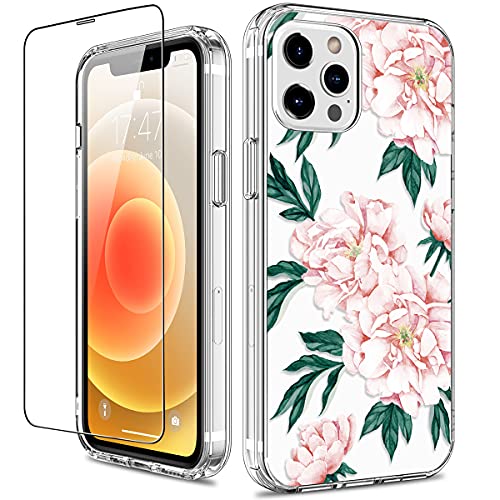GiiKa Funda para iPhone 12 Pro Max con protector de pantalla, transparente de cuerpo completo a prueba de golpes de protección floral para niñas y mujeres con carcasa rígida de TPU para iPhone 12 Pro Max, flores rosas