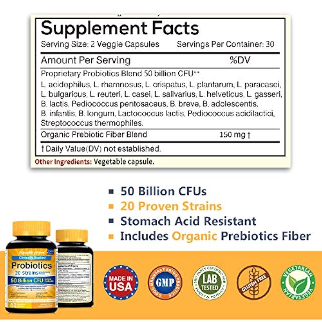 Probióticos 50 mil millones de CFU 20 cepas, 60 cápsulas