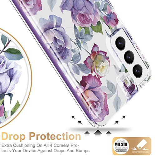 ESDOT Funda para Samsung Galaxy S22, grado militar, prueba de caídas de 21 pies, funda resistente con diseños de moda para mujeres y niñas, funda protectora para Galaxy S22 de 6.1 pulgadas, flores moradas y rosas