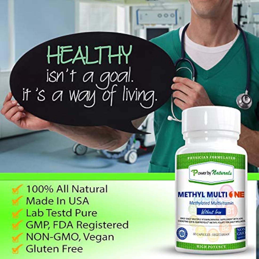 Power By Naturals - Methyl Multi One Without Iron - Once Daily MTHFR Support Supplement - Methylation Protect Methylated B12 Multivitamin with ADK, CoQ10, Quatrefolic Methylfolate - 60ct Vitamins
