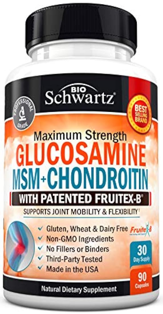 Glucosamina condroitina MSM cúrcuma para alivio del dolor de cadera, articulación y espalda. Suplemento antiinflamatorio con ácido hialurónico, colágeno, boswellia, bromelina y fruitex-B. Sin gluten ni OMG.