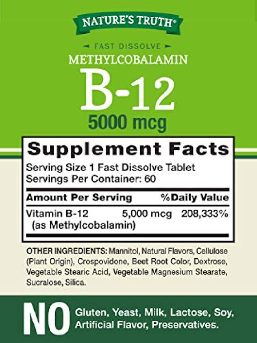 Vitamina B12 de la Verdad de la Naturaleza 5000 mcg | 60 comprimidos | Saborizador de bayas naturales de rápida disolución | Vegetariano, sin OMG y sin gluten