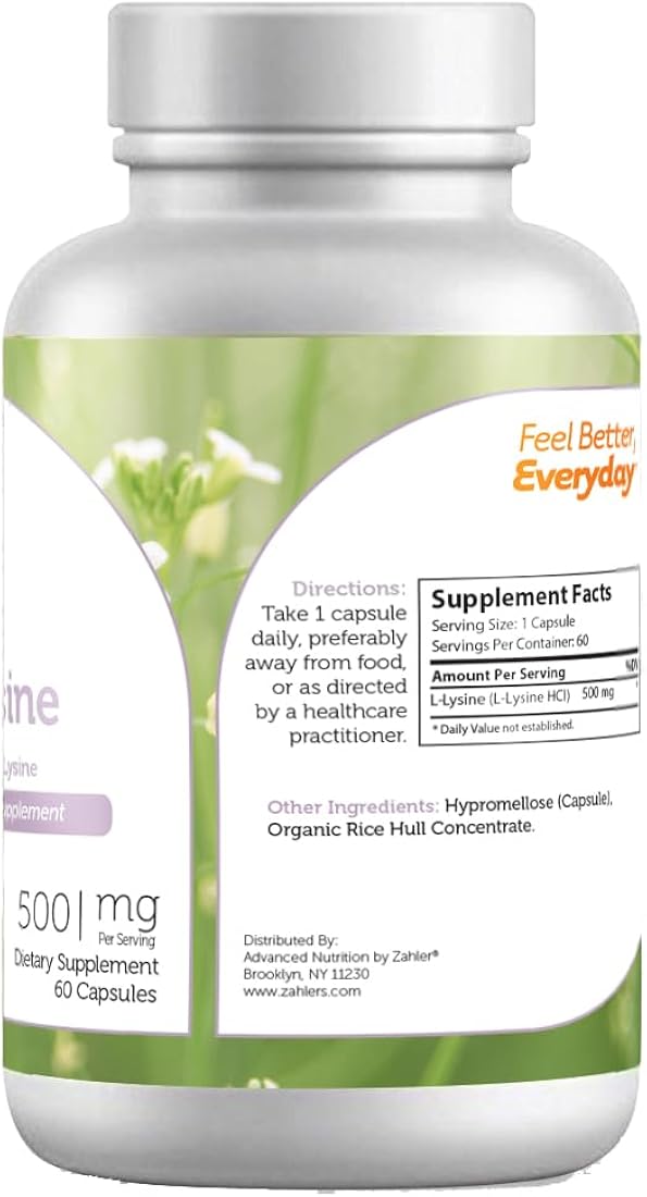 Suplemento L-lisina 500 mg de forma libre, Kosher 60 cáp