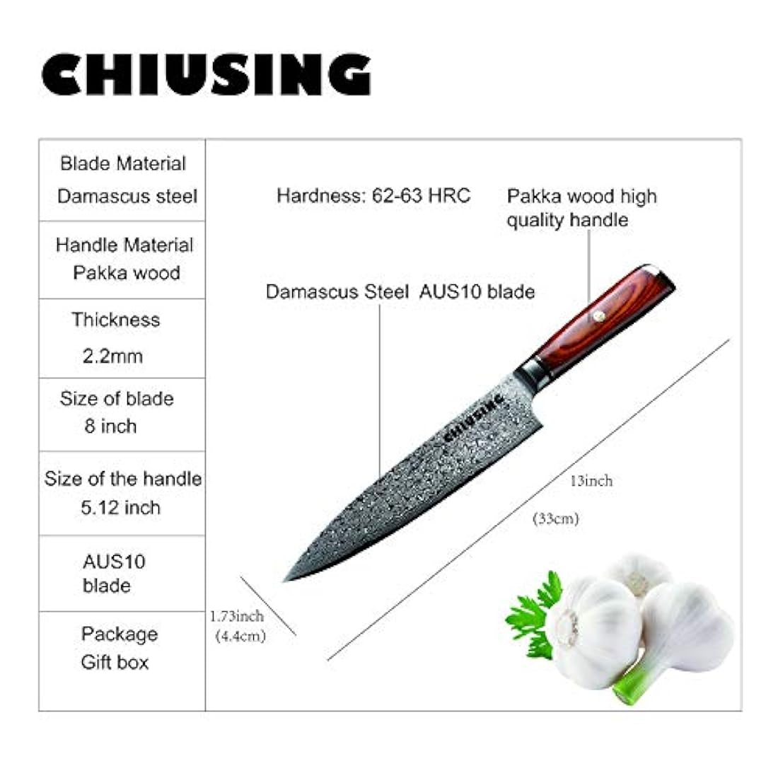 Cuchillo de chefs Damasco, CHIUSING 67 capas, hecho a mano
