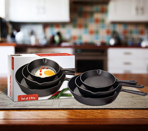 Sartén de hierro fundido pre sazonado juego de 3 piezas