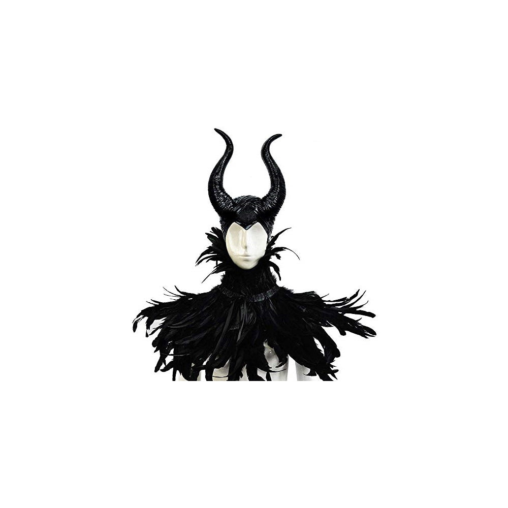Disfraz chal gótico con plumas negras y cuernos Maleficent