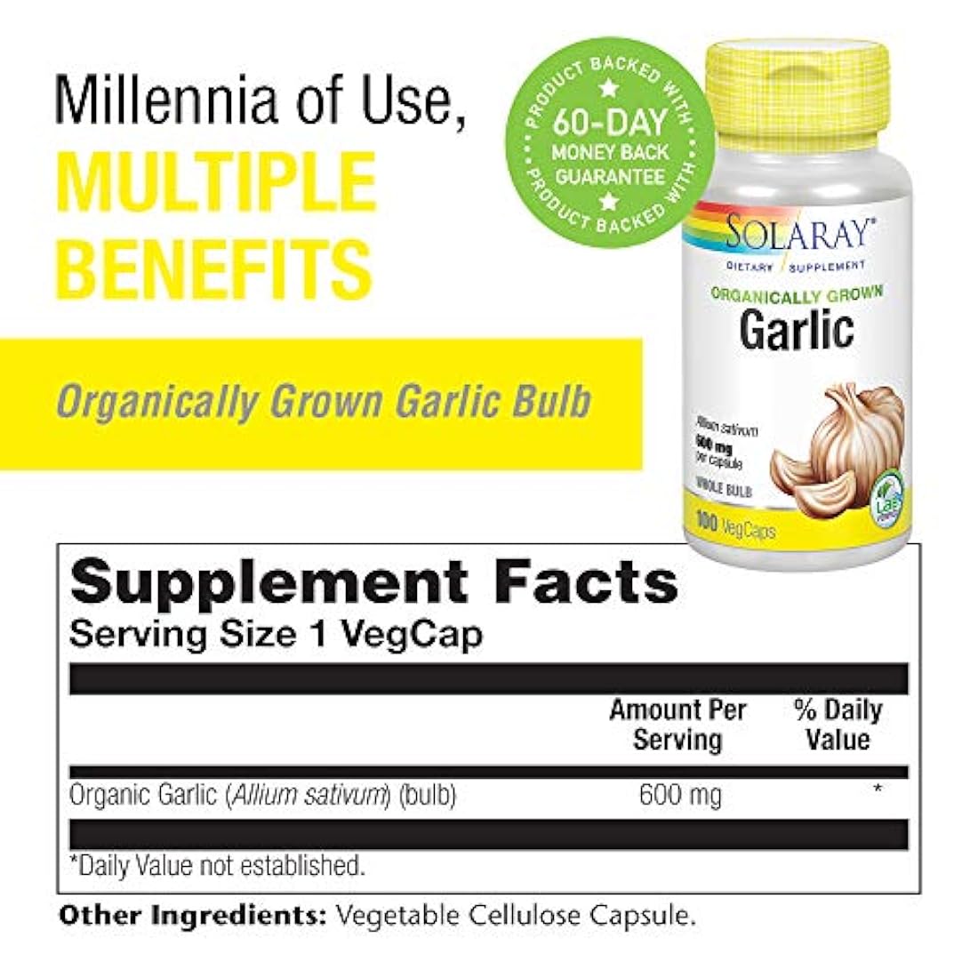Suplemento de ajo orgánico Solaray, 600 mg, 100 unidades
