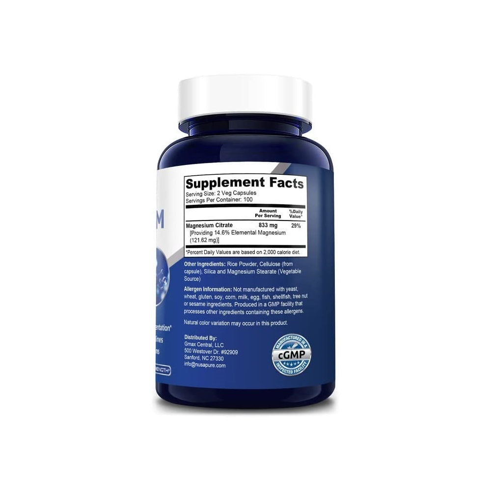 Suplemento de citrato de magnesio 833 mg 200 cápsulas