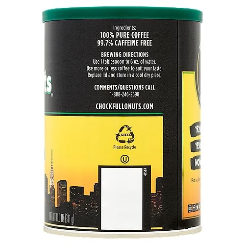 Café Descafeinado Chock Full O'Nuts Original, 11 oz, Paquete 3