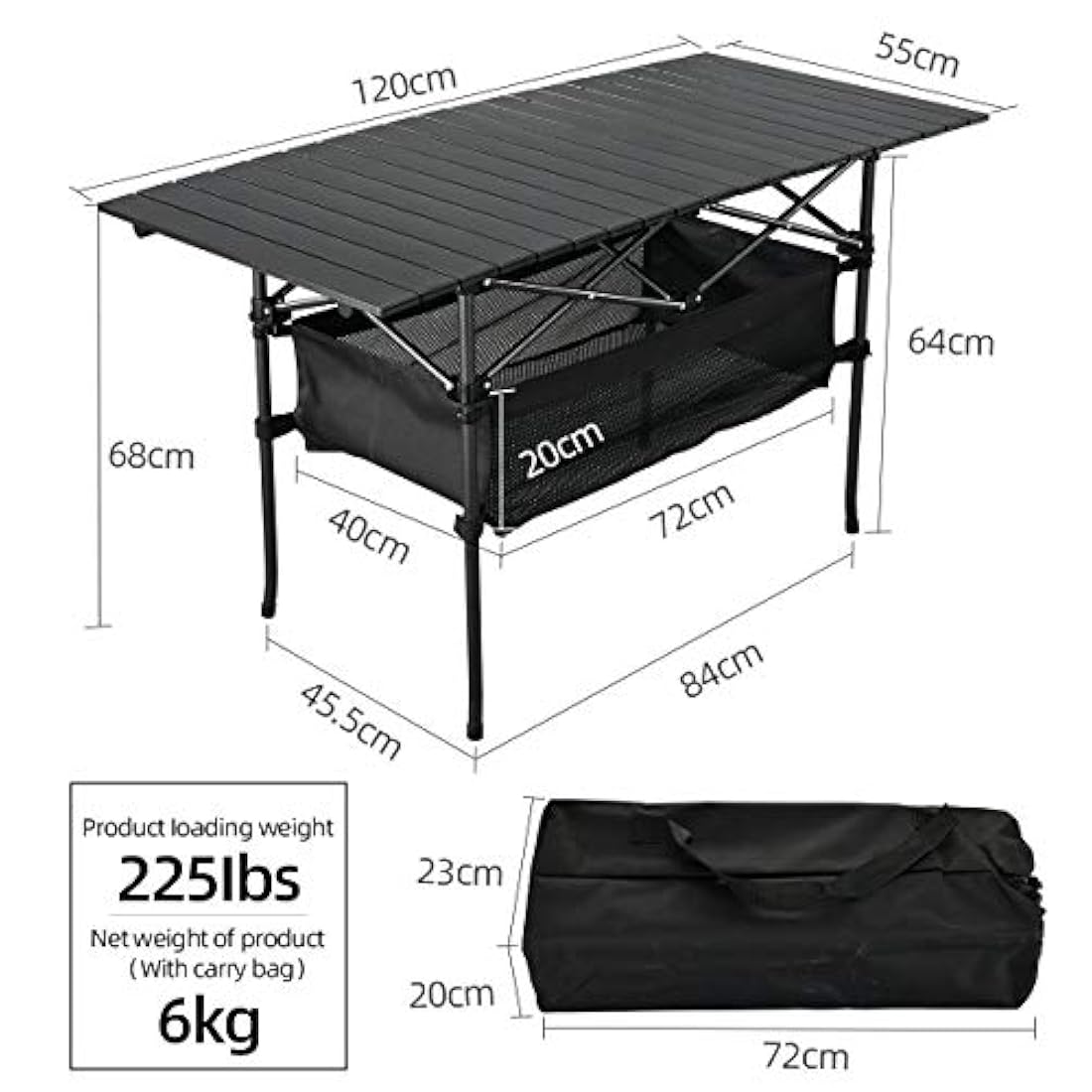 Mesa de picnic portátil al aire libre, mesa enrollable