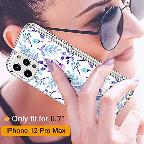 GiiKa Funda para iPhone 12 Pro Max con protector de pantalla, transparente de cuerpo completo a prueba de golpes de protección floral niñas mujeres caso duro con TPU parachoques cubierta teléfono caso para iPhone 12 Pro Max, azul floral