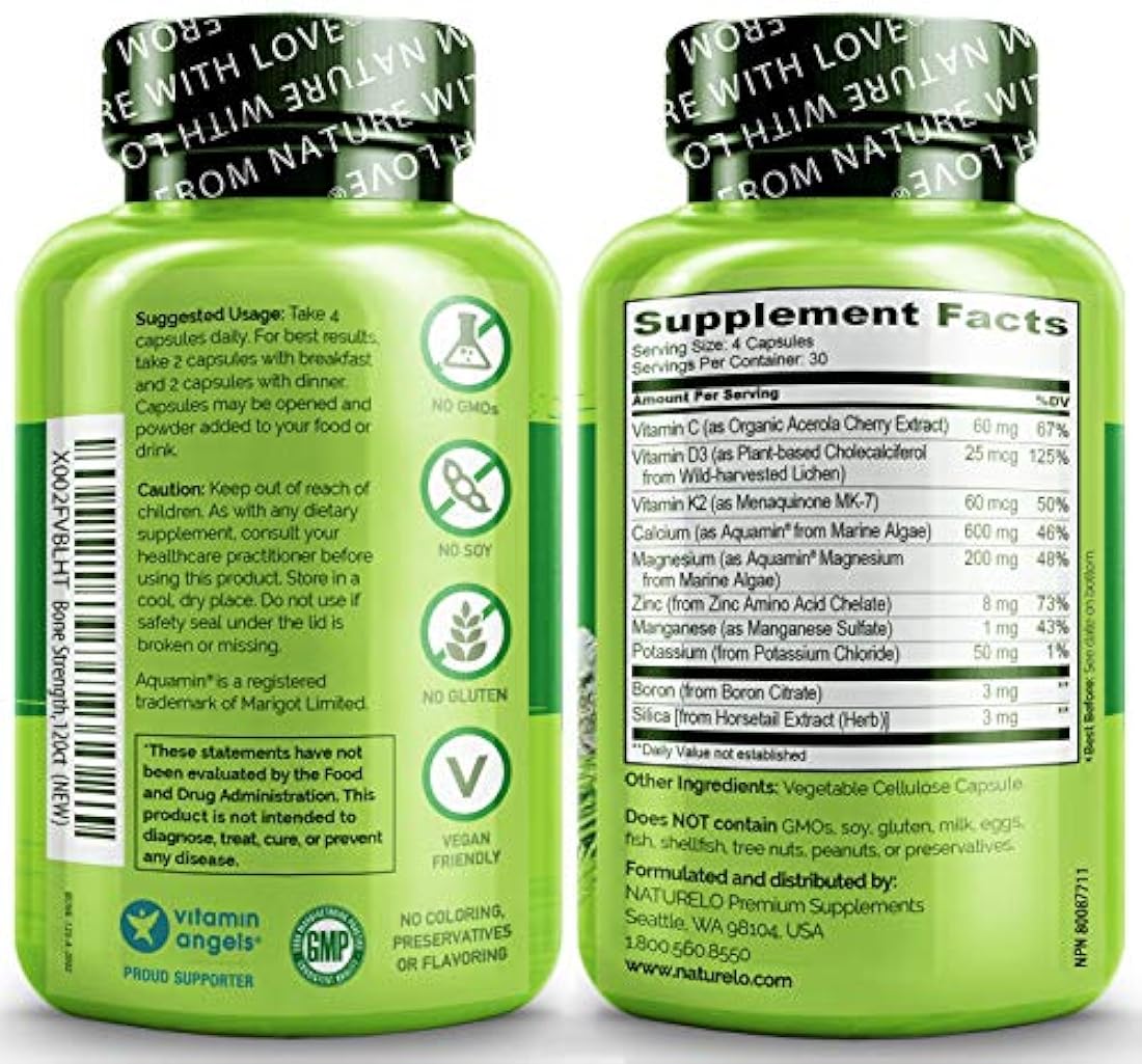 Natururelo - Fuerza ósea a base de plantas de calcio, magnesio, potasio, vitamina D3, VIT C, K2 - OMG, soja, ingredientes sin gluten, el mejor suplemento alimenticio completo para la salud ósea - 120 cápsulas vegetarianas