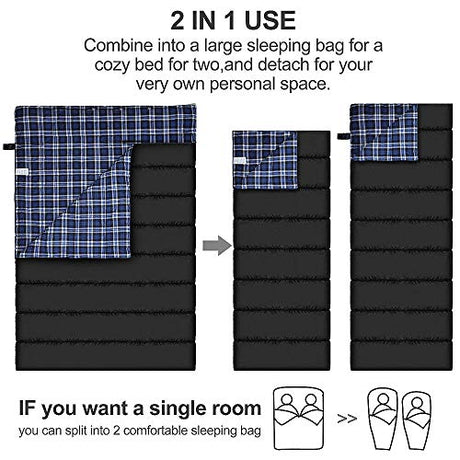 Saco de dormir doble de franela de algodón para camping, mochileros o senderismo. Saco de dormir impermeable para 2 personas para adultos o adolescentes. Camión, tienda de campaña o almohadilla de dormir, ligero (almohadas no incluidas)