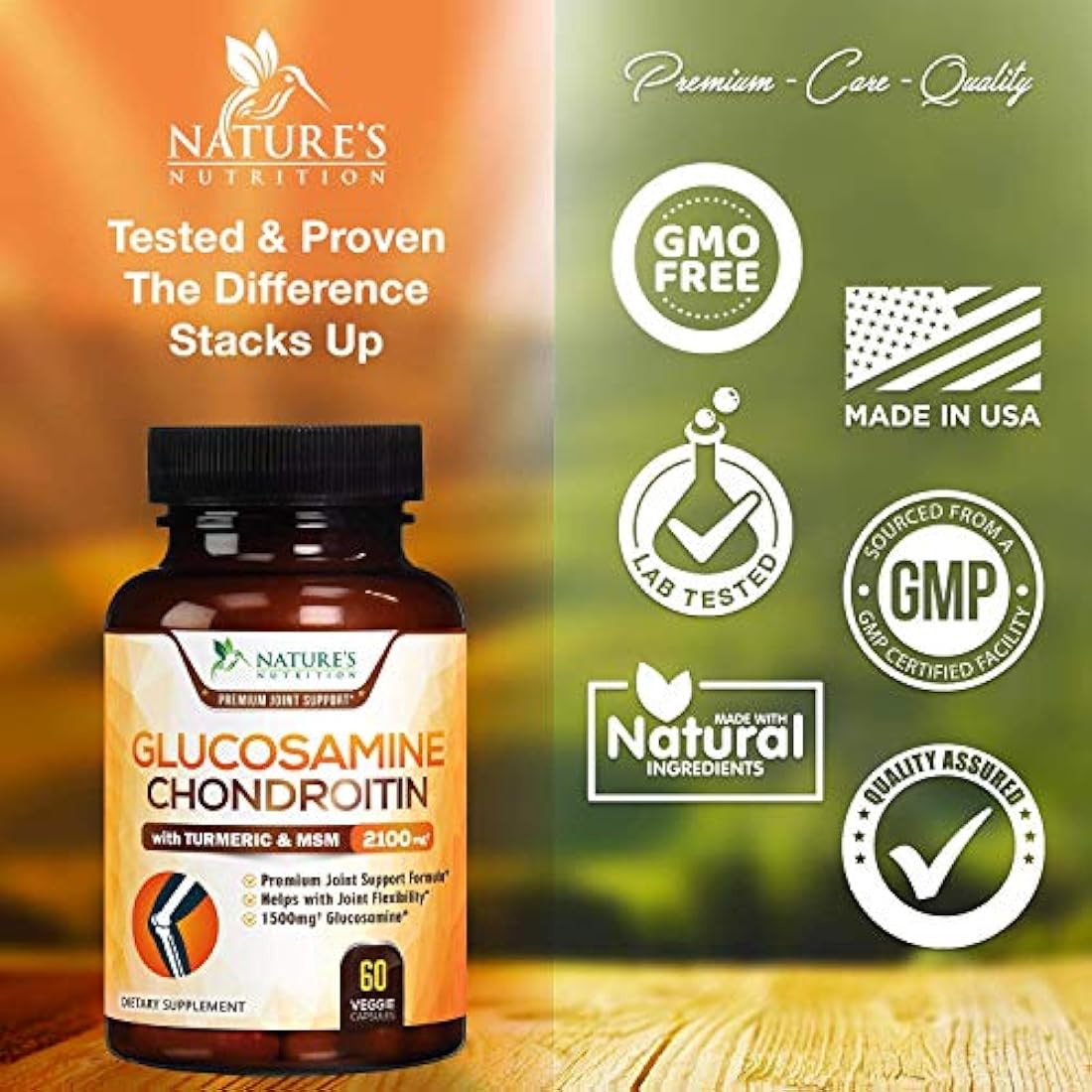 Glucosamina con suplemento de condroitina cúrcuma MSM, triple fuerza estandarizada 1500 mg con boswellia y bromelina, fabricado en Estados Unidos, para un apoyo y comodidad saludables en las articulaciones, 60 cápsulas