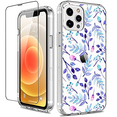 GiiKa Funda para iPhone 12 Pro Max con protector de pantalla, transparente de cuerpo completo a prueba de golpes de protección floral niñas mujeres caso duro con TPU parachoques cubierta teléfono caso para iPhone 12 Pro Max, azul floral