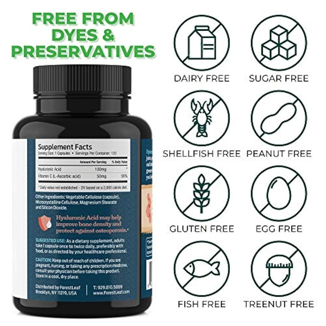 Hyaluronic Acid Dietary Supplement, 100 mg - 120 Vegetable Capsules – Joints, Bones and Connective Tissue Formula - Daily Anti Aging Beauty Serum for Healthy Skin, Hair and Eyes – by ForestLeaf