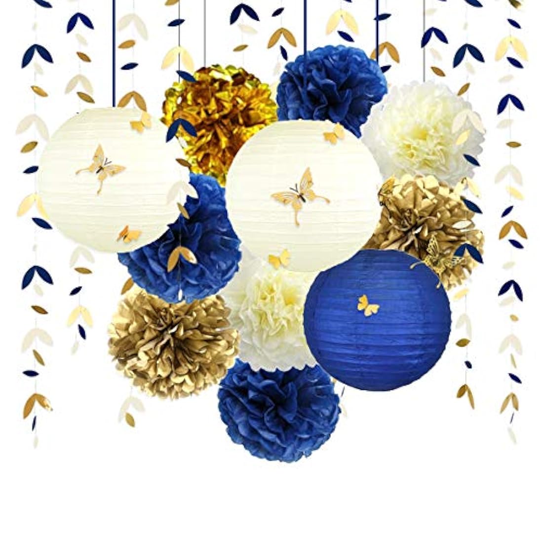 Kit de decoración de fiesta azul marino y dorado, faroleras