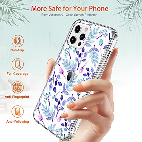 GiiKa Funda para iPhone 12 Pro Max con protector de pantalla, transparente de cuerpo completo a prueba de golpes de protección floral niñas mujeres caso duro con TPU parachoques cubierta teléfono caso para iPhone 12 Pro Max, azul floral