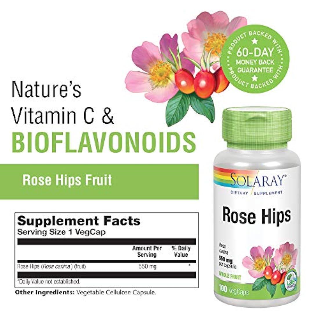 Solaray Rose Hips, 550 mg, 100 Count