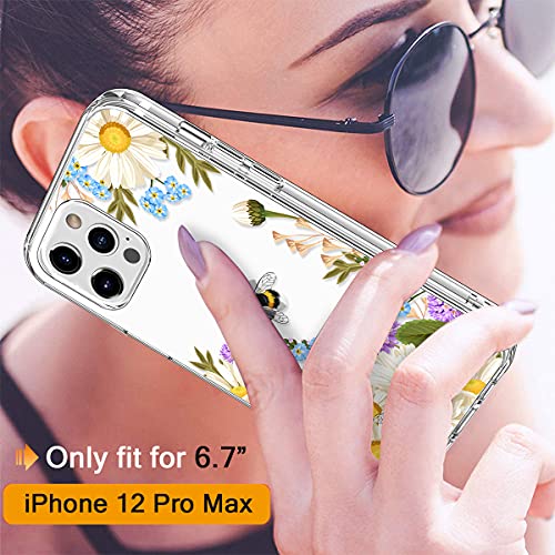 GiiKa Funda para iPhone 12 Pro Max con protector de pantalla, transparente de cuerpo completo a prueba de golpes de protección floral niñas mujeres caso duro con TPU parachoques cubierta teléfono caso para iPhone 12 Pro Max, flores blancas