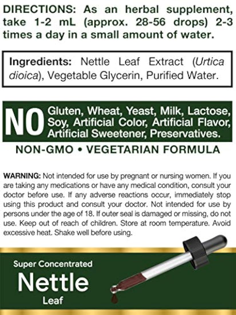 Extracto de hoja de ortiga, 2 onzas, sin alcohol,vegetariano